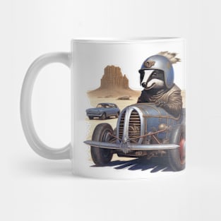 a badger racing a car across the desert Mug